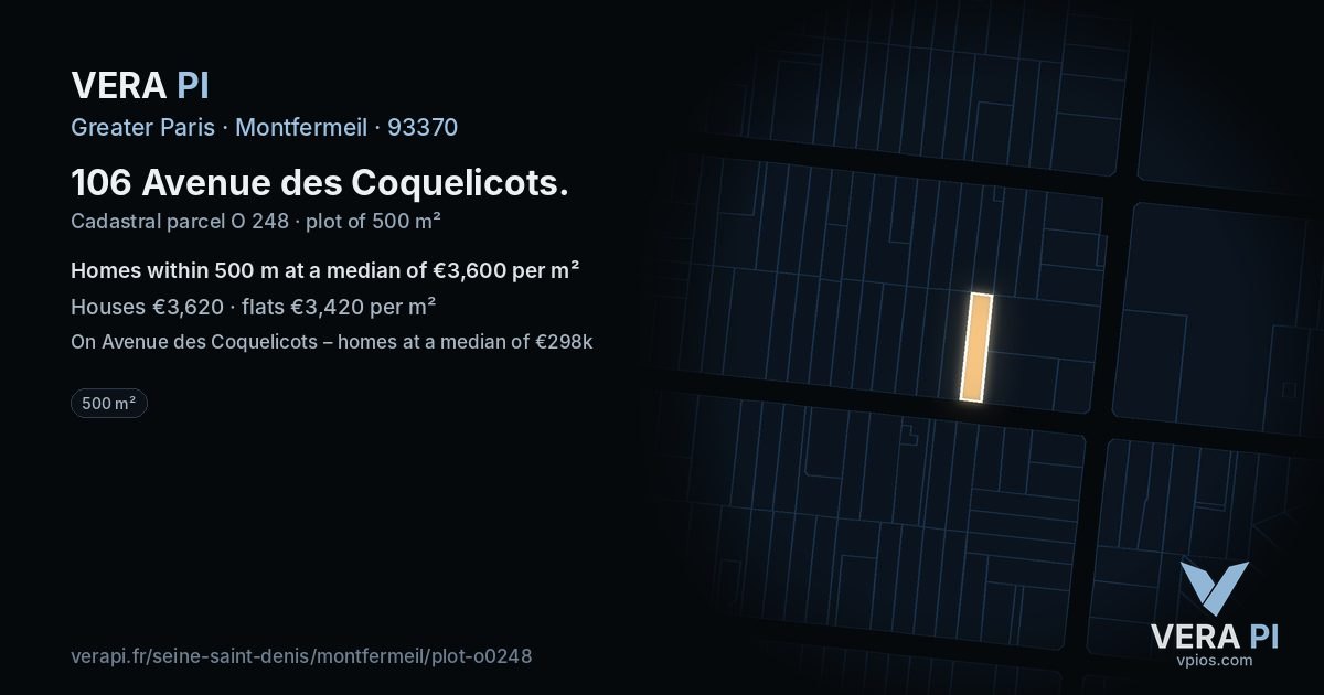 106 Avenue des Coquelicots, Montfermeil at night – the plot lit, the parcels around coloured by the prices near them