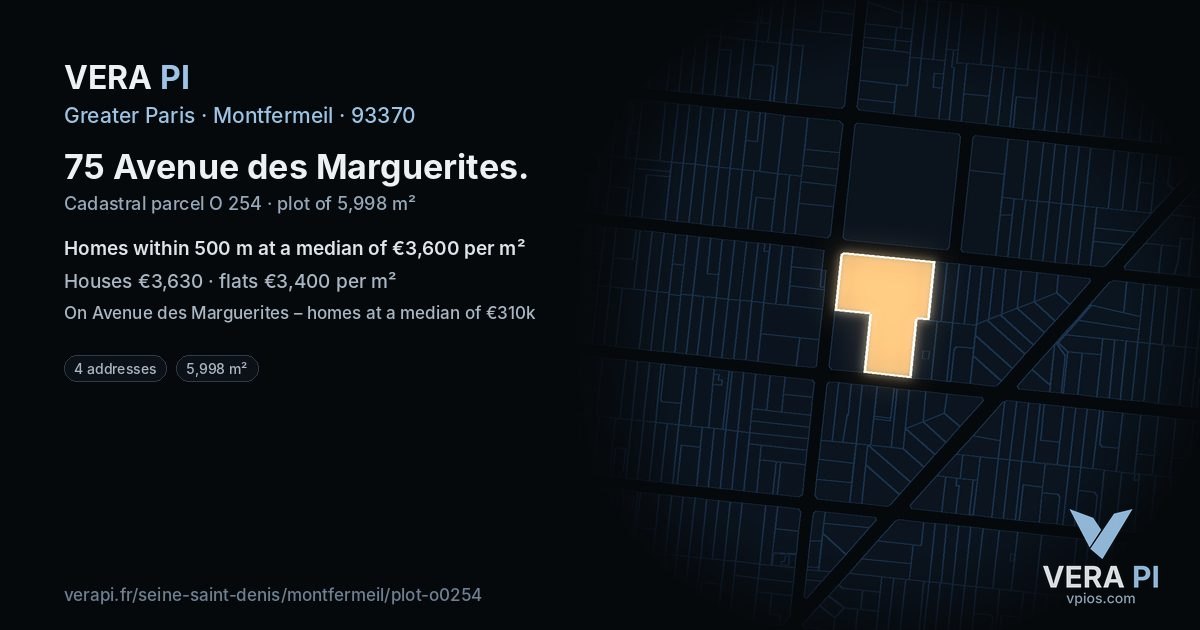 75 Avenue des Marguerites, Montfermeil at night – the plot lit, the parcels around coloured by the prices near them