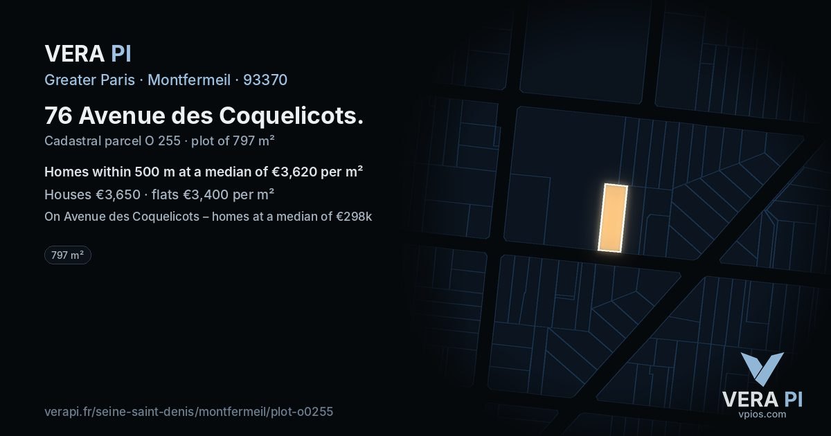 76 Avenue des Coquelicots, Montfermeil at night – the plot lit, the parcels around coloured by the prices near them