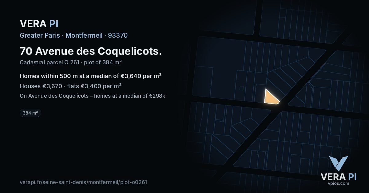 70 Avenue des Coquelicots, Montfermeil at night – the plot lit, the parcels around coloured by the prices near them
