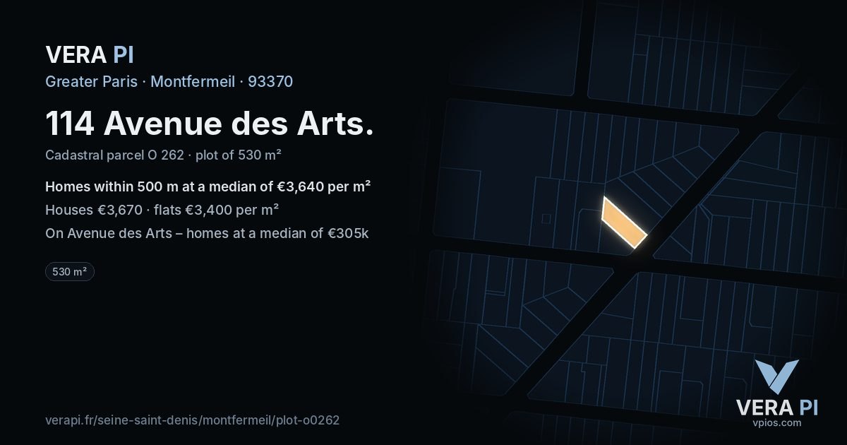114 Avenue des Arts, Montfermeil at night – the plot lit, the parcels around coloured by the prices near them