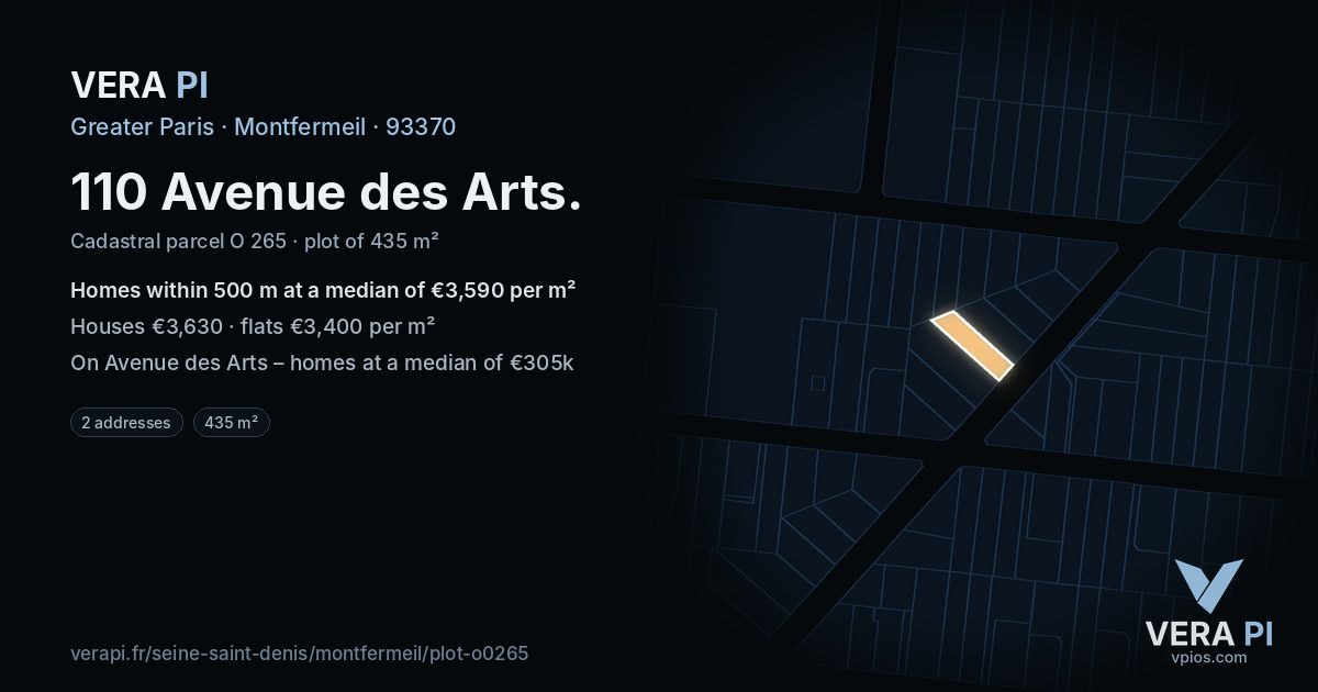 110 Avenue des Arts, Montfermeil at night – the plot lit, the parcels around coloured by the prices near them