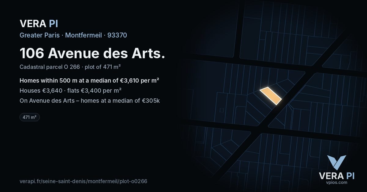 106 Avenue des Arts, Montfermeil at night – the plot lit, the parcels around coloured by the prices near them