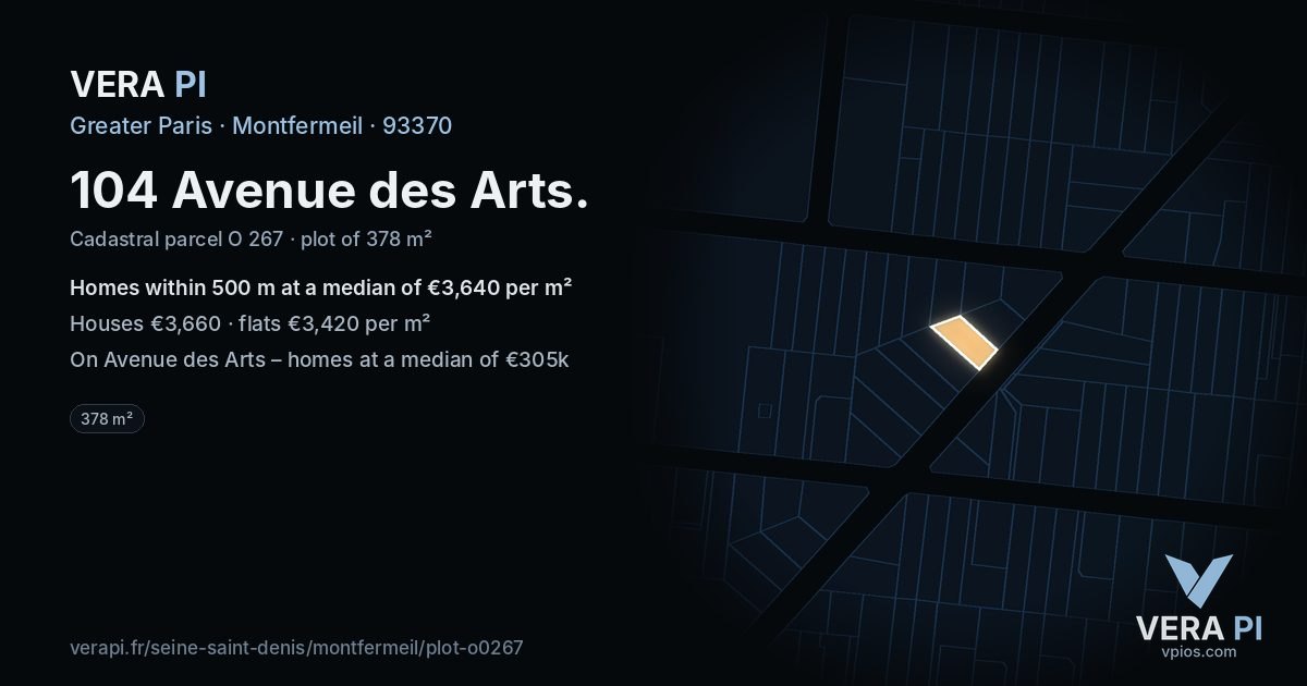 104 Avenue des Arts, Montfermeil at night – the plot lit, the parcels around coloured by the prices near them