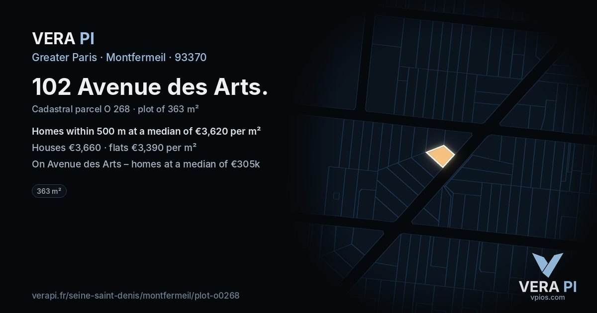 102 Avenue des Arts, Montfermeil at night – the plot lit, the parcels around coloured by the prices near them