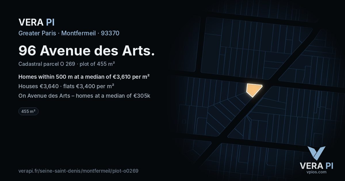 96 Avenue des Arts, Montfermeil at night – the plot lit, the parcels around coloured by the prices near them