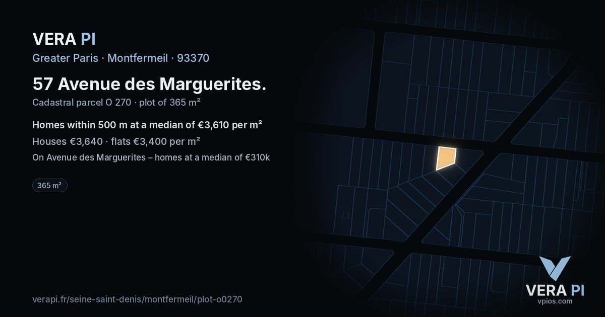 57 Avenue des Marguerites, Montfermeil at night – the plot lit, the parcels around coloured by the prices near them