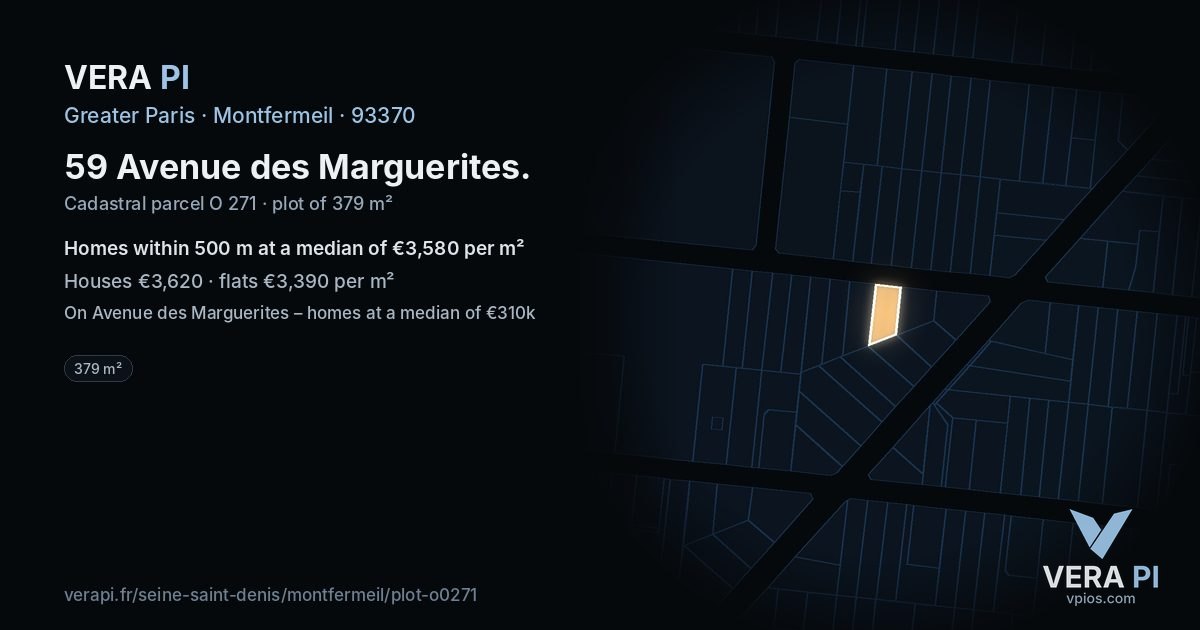 59 Avenue des Marguerites, Montfermeil at night – the plot lit, the parcels around coloured by the prices near them