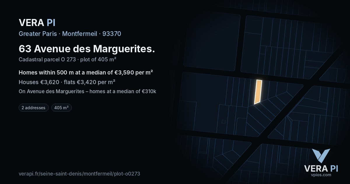 63 Avenue des Marguerites, Montfermeil at night – the plot lit, the parcels around coloured by the prices near them