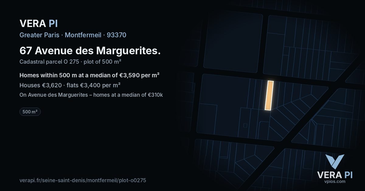 67 Avenue des Marguerites, Montfermeil at night – the plot lit, the parcels around coloured by the prices near them