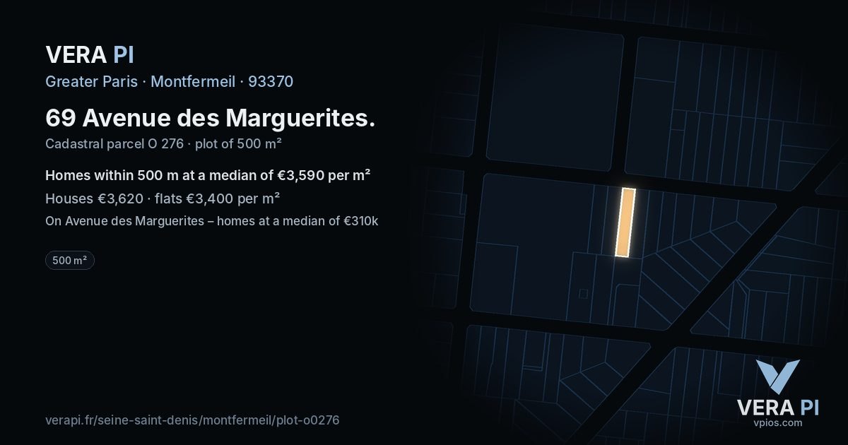 69 Avenue des Marguerites, Montfermeil at night – the plot lit, the parcels around coloured by the prices near them