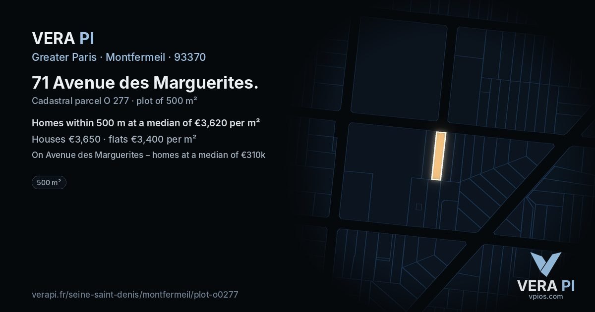 71 Avenue des Marguerites, Montfermeil at night – the plot lit, the parcels around coloured by the prices near them