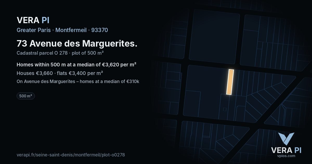 73 Avenue des Marguerites, Montfermeil at night – the plot lit, the parcels around coloured by the prices near them