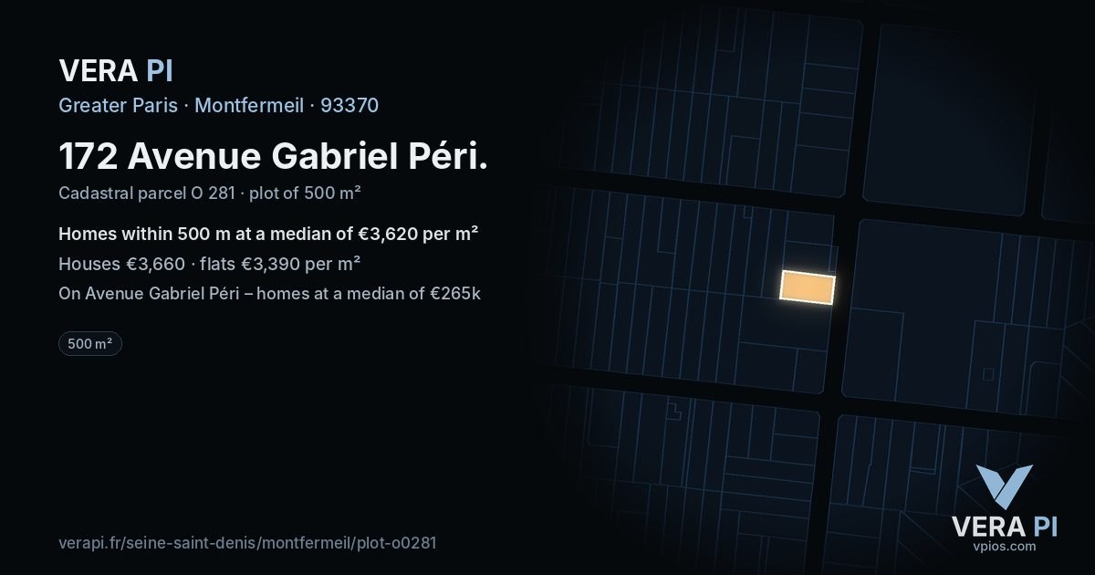 172 Avenue Gabriel Péri, Montfermeil at night – the plot lit, the parcels around coloured by the prices near them