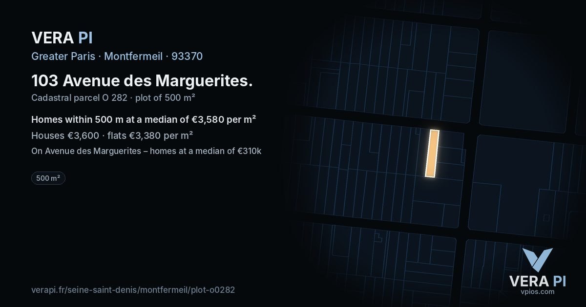 103 Avenue des Marguerites, Montfermeil at night – the plot lit, the parcels around coloured by the prices near them