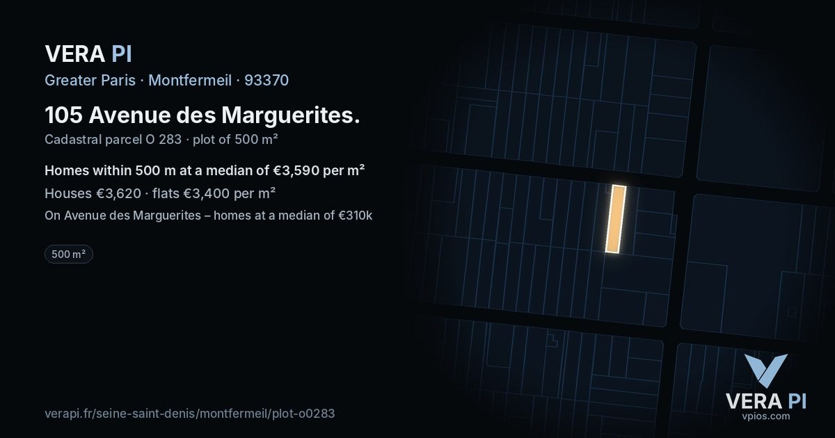 105 Avenue des Marguerites, Montfermeil at night – the plot lit, the parcels around coloured by the prices near them