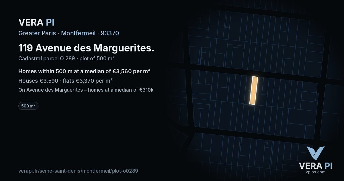 119 Avenue des Marguerites, Montfermeil at night – the plot lit, the parcels around coloured by the prices near them