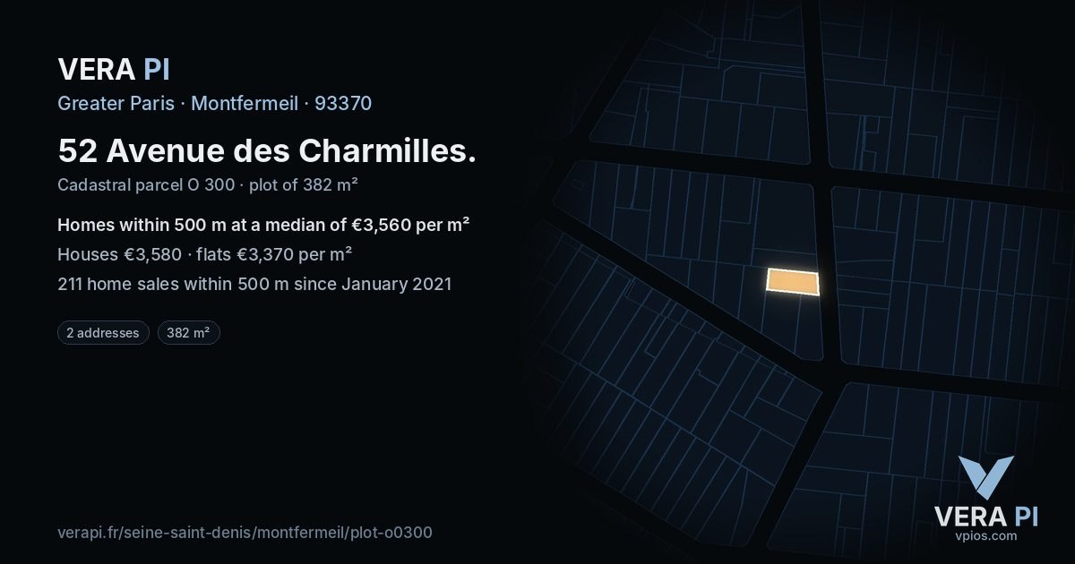 52 Avenue des Charmilles, Montfermeil at night – the plot lit, the parcels around coloured by the prices near them