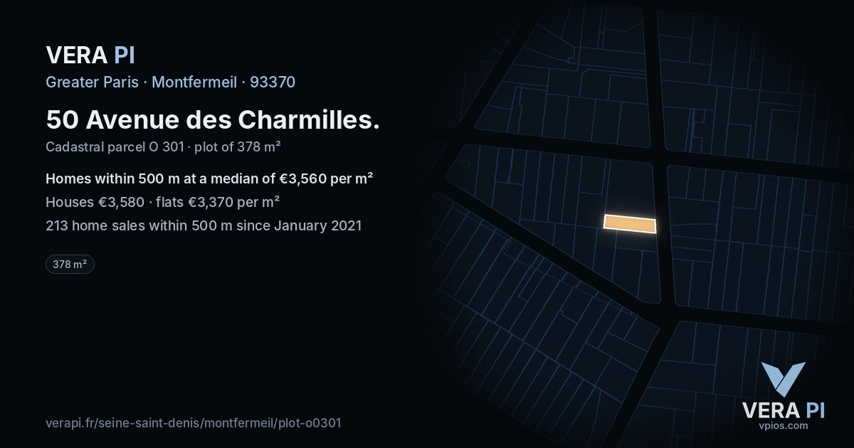 50 Avenue des Charmilles, Montfermeil at night – the plot lit, the parcels around coloured by the prices near them