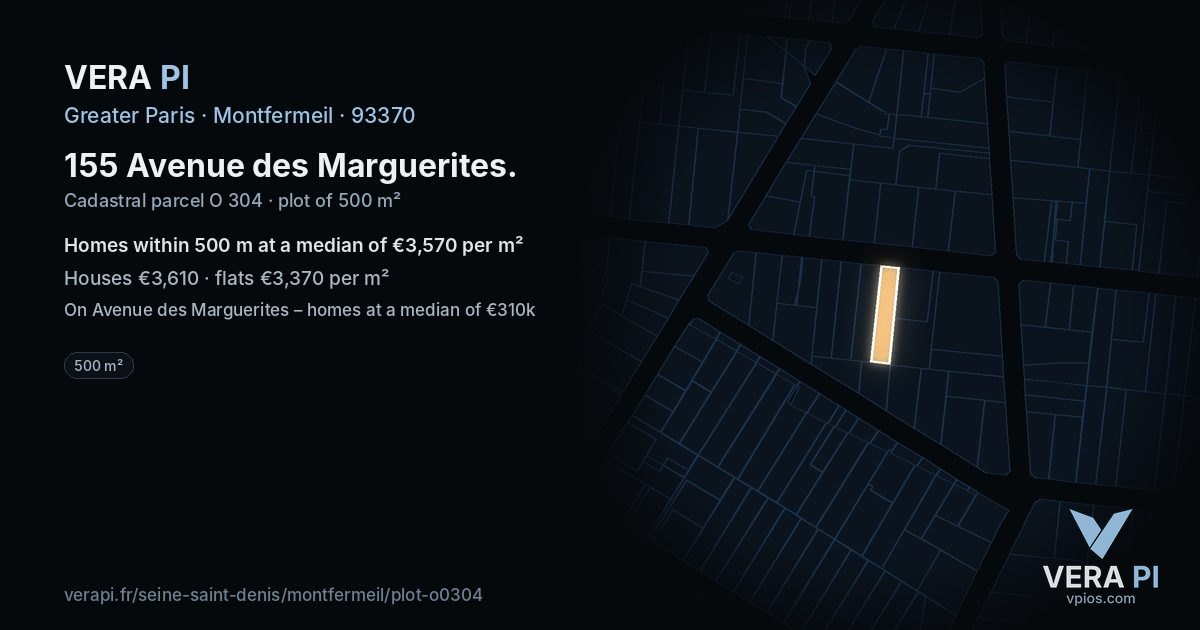 155 Avenue des Marguerites, Montfermeil at night – the plot lit, the parcels around coloured by the prices near them