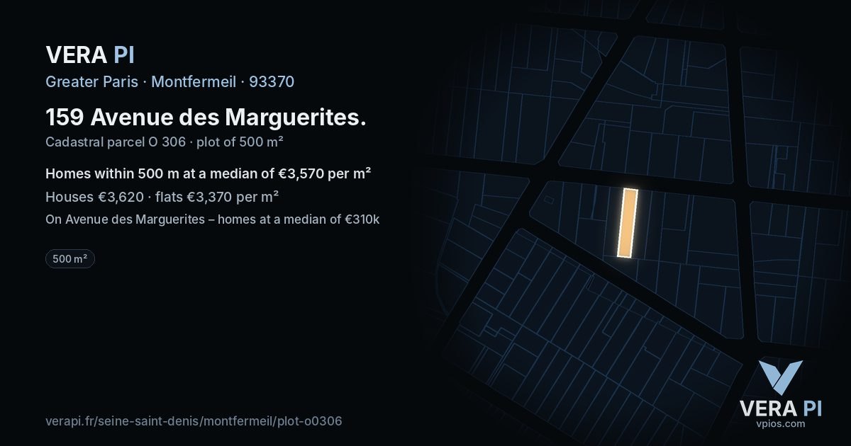 159 Avenue des Marguerites, Montfermeil at night – the plot lit, the parcels around coloured by the prices near them