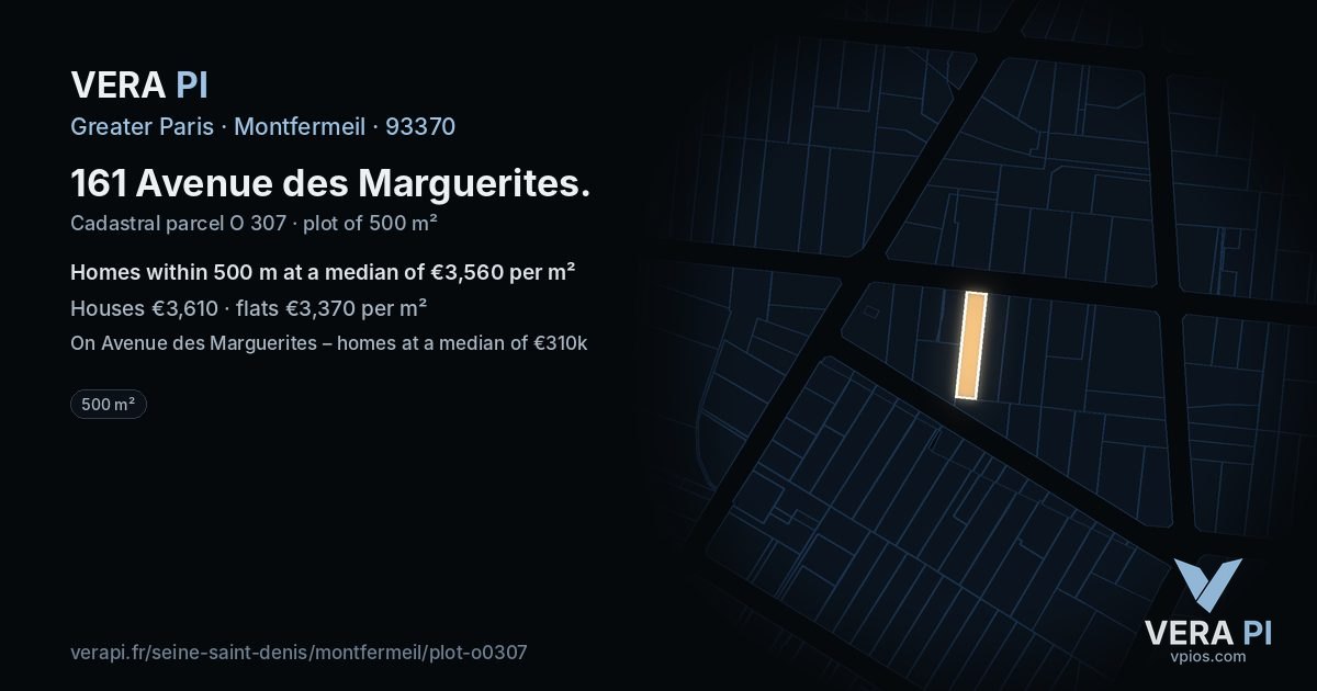 161 Avenue des Marguerites, Montfermeil at night – the plot lit, the parcels around coloured by the prices near them