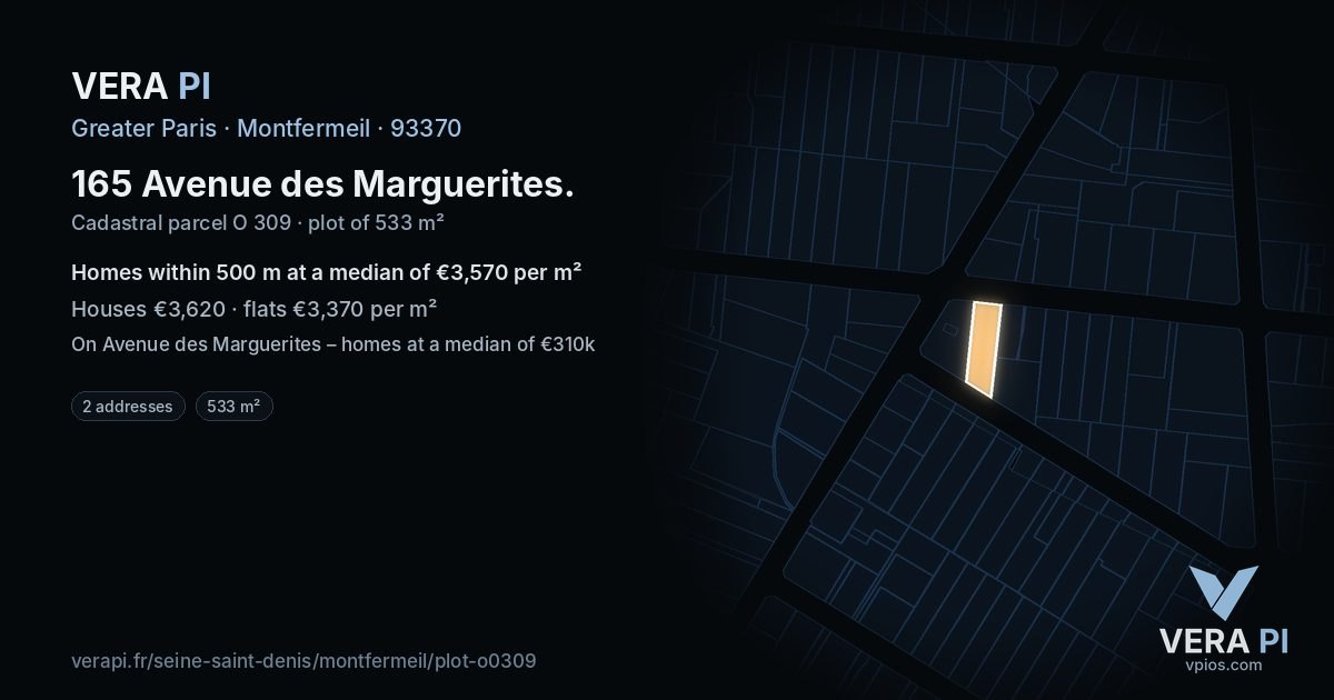 165 Avenue des Marguerites, Montfermeil at night – the plot lit, the parcels around coloured by the prices near them