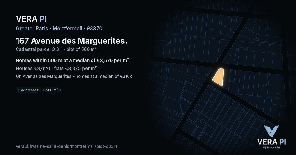 167 Avenue des Marguerites, Montfermeil at night – the plot lit, the parcels around coloured by the prices near them