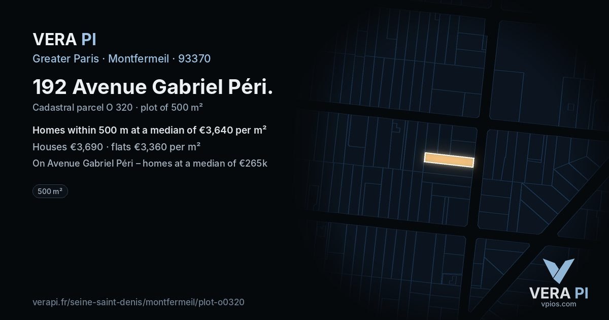 192 Avenue Gabriel Péri, Montfermeil at night – the plot lit, the parcels around coloured by the prices near them