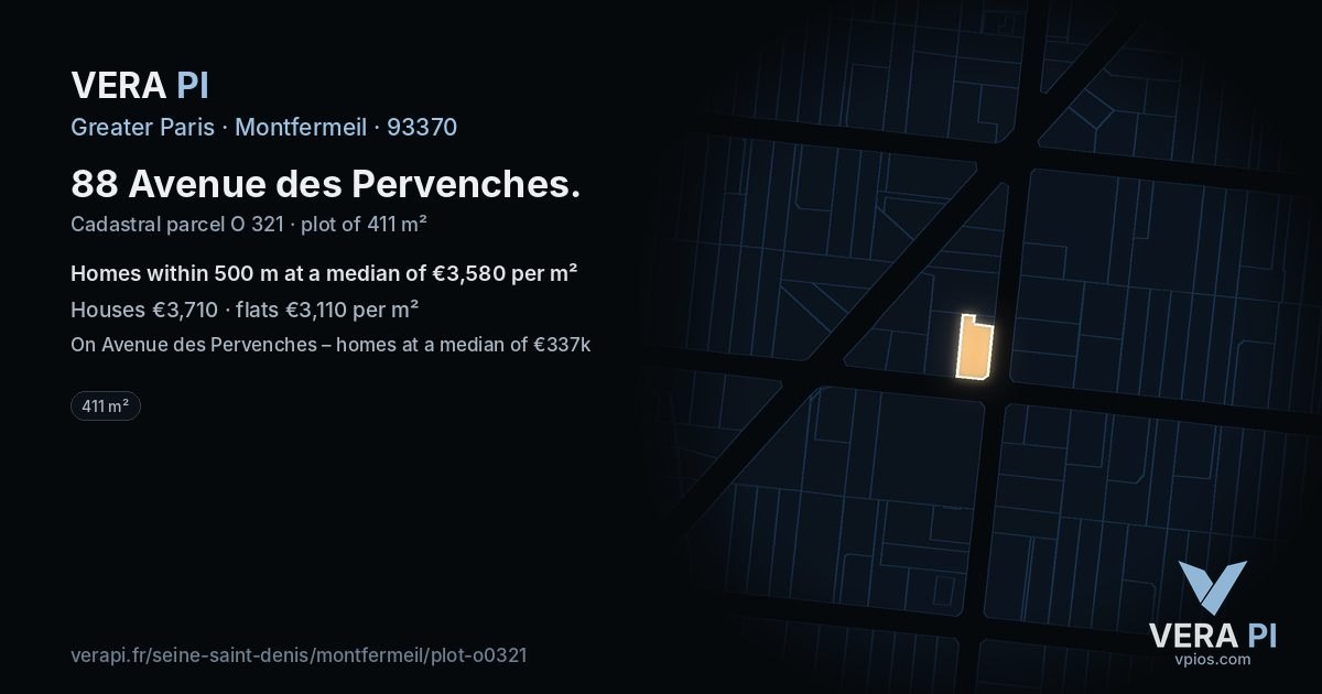 88 Avenue des Pervenches, Montfermeil at night – the plot lit, the parcels around coloured by the prices near them