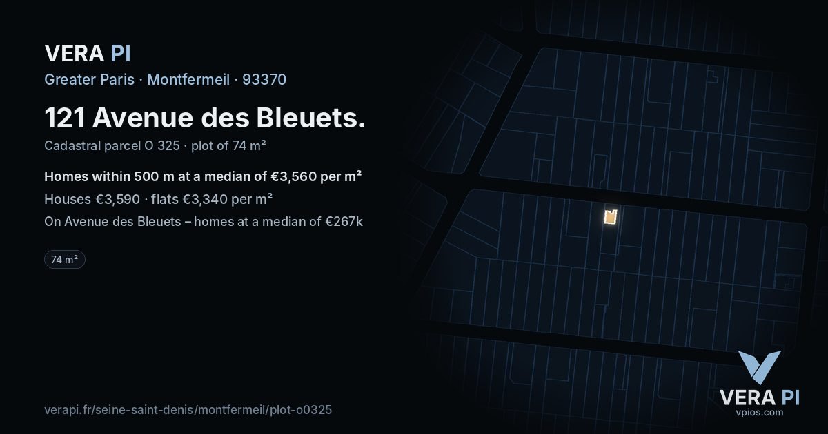 121 Avenue des Bleuets, Montfermeil at night – the plot lit, the parcels around coloured by the prices near them