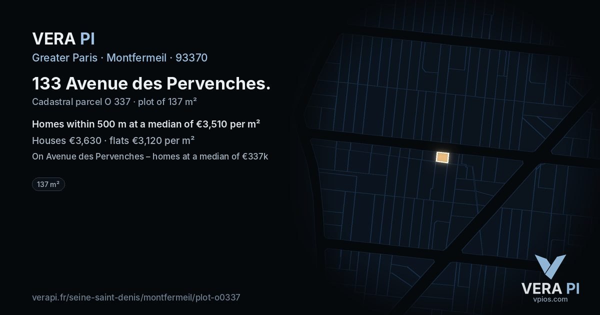 133 Avenue des Pervenches, Montfermeil at night – the plot lit, the parcels around coloured by the prices near them