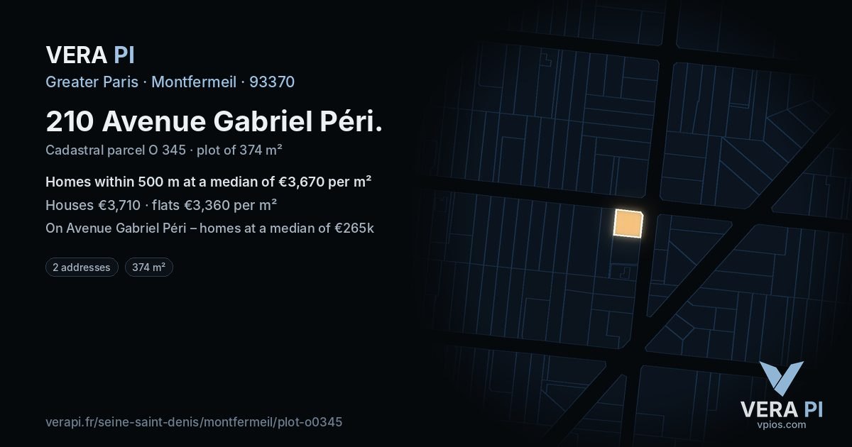 210 Avenue Gabriel Péri, Montfermeil at night – the plot lit, the parcels around coloured by the prices near them