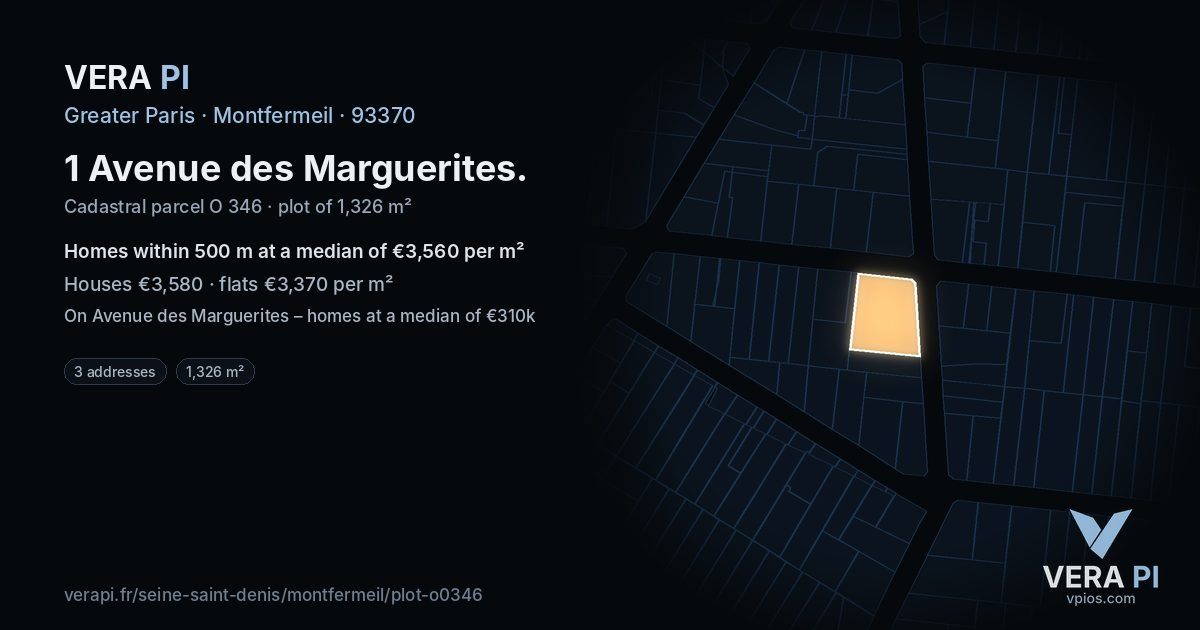 1 Avenue des Marguerites, Montfermeil at night – the plot lit, the parcels around coloured by the prices near them