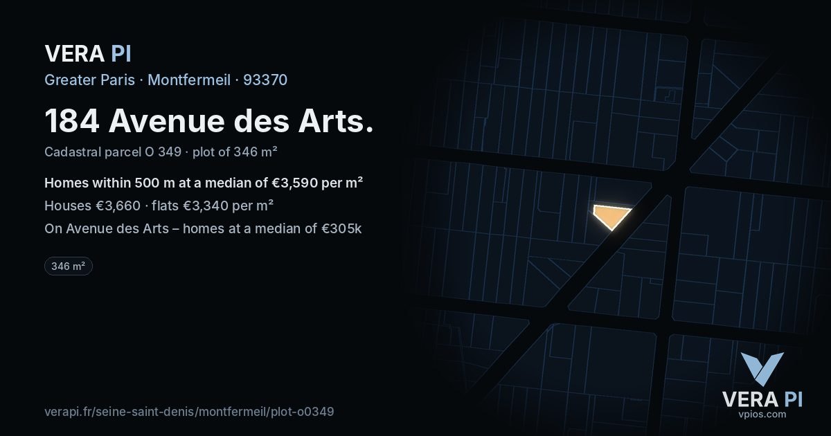 184 Avenue des Arts, Montfermeil at night – the plot lit, the parcels around coloured by the prices near them