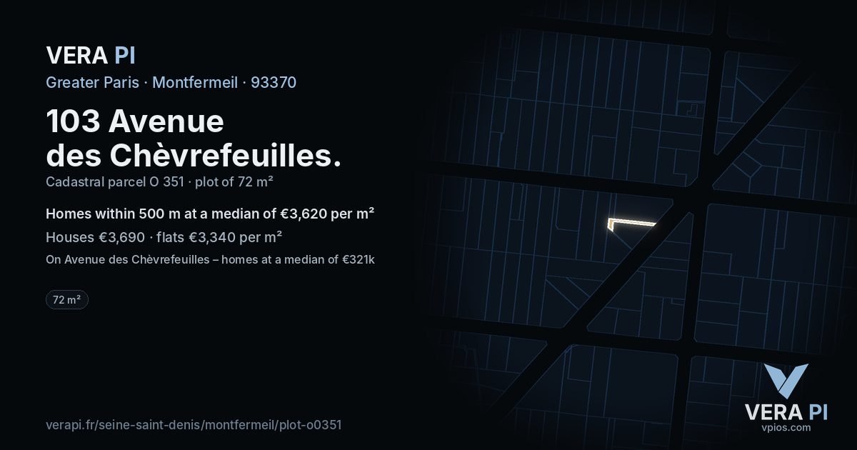 103 Avenue des Chèvrefeuilles, Montfermeil at night – the plot lit, the parcels around coloured by the prices near them