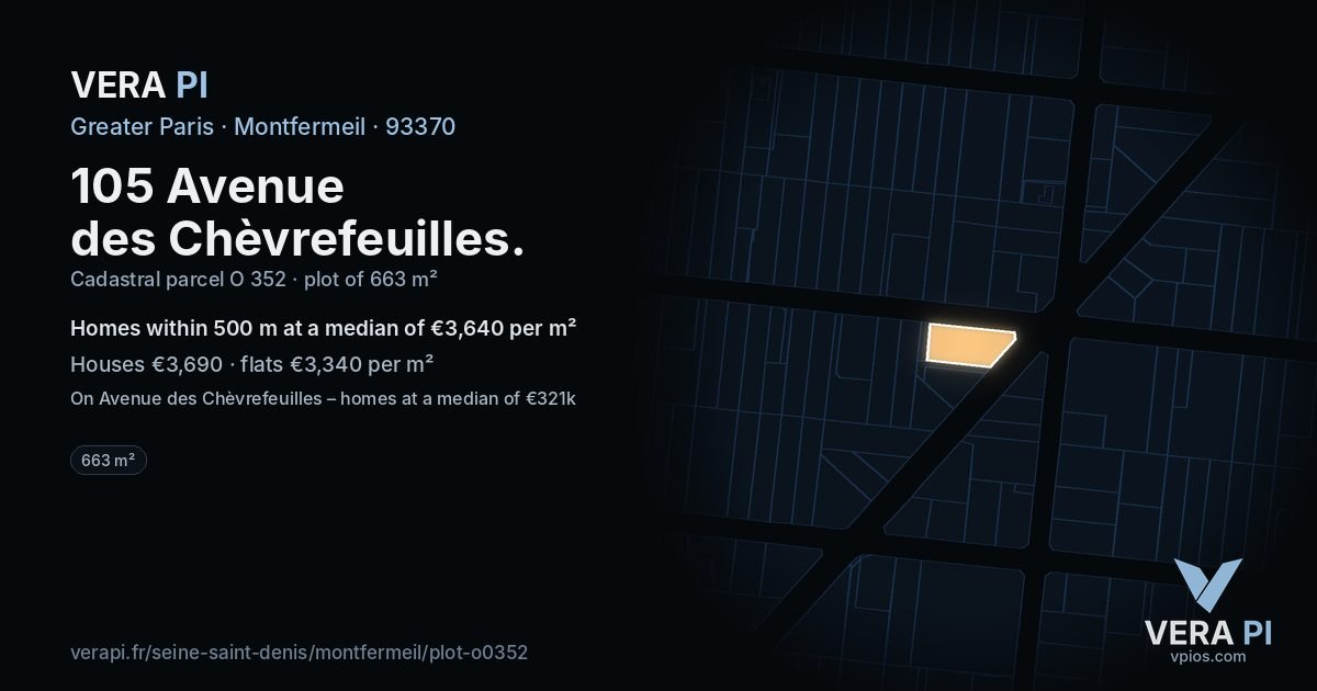 105 Avenue des Chèvrefeuilles, Montfermeil at night – the plot lit, the parcels around coloured by the prices near them