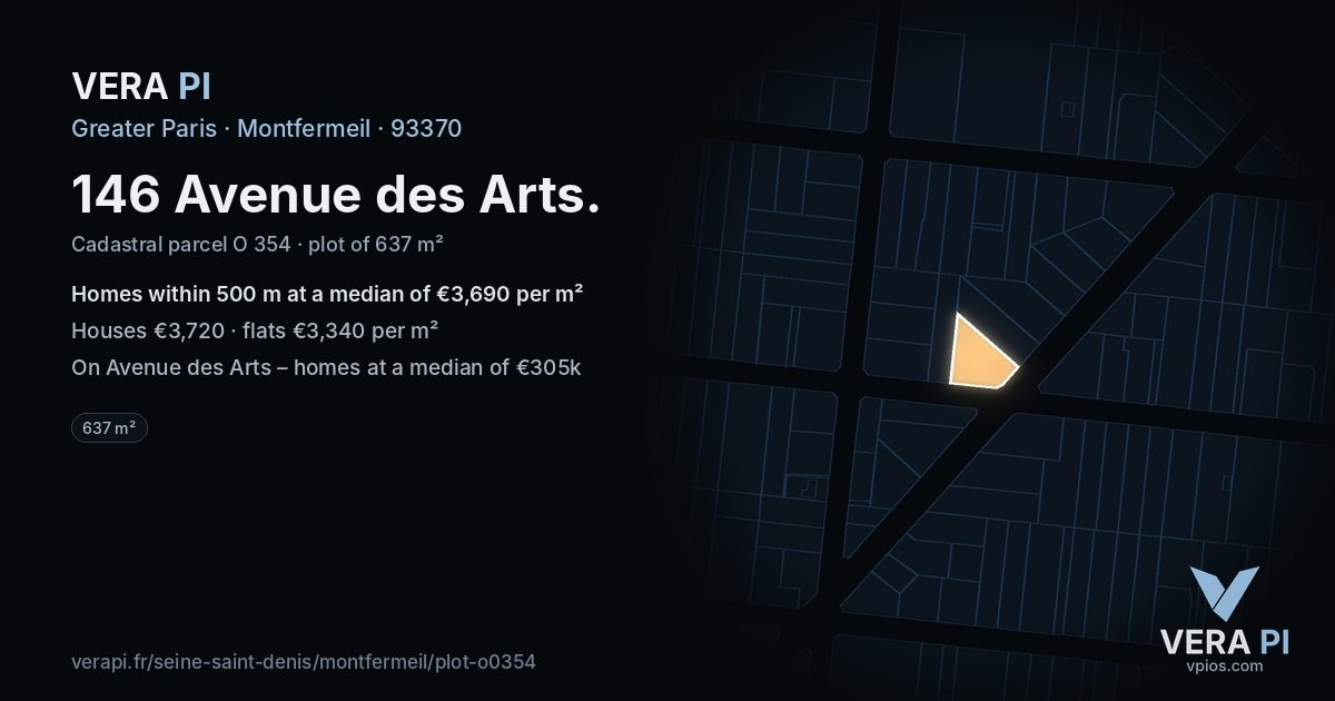 146 Avenue des Arts, Montfermeil at night – the plot lit, the parcels around coloured by the prices near them