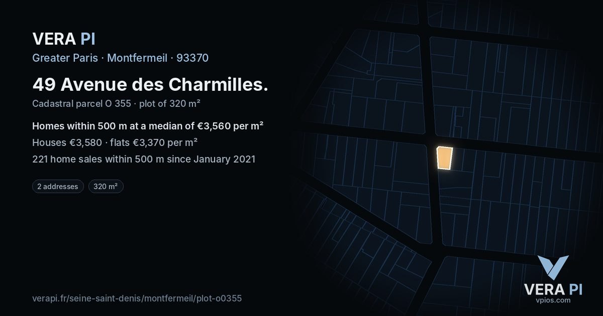 49 Avenue des Charmilles, Montfermeil at night – the plot lit, the parcels around coloured by the prices near them