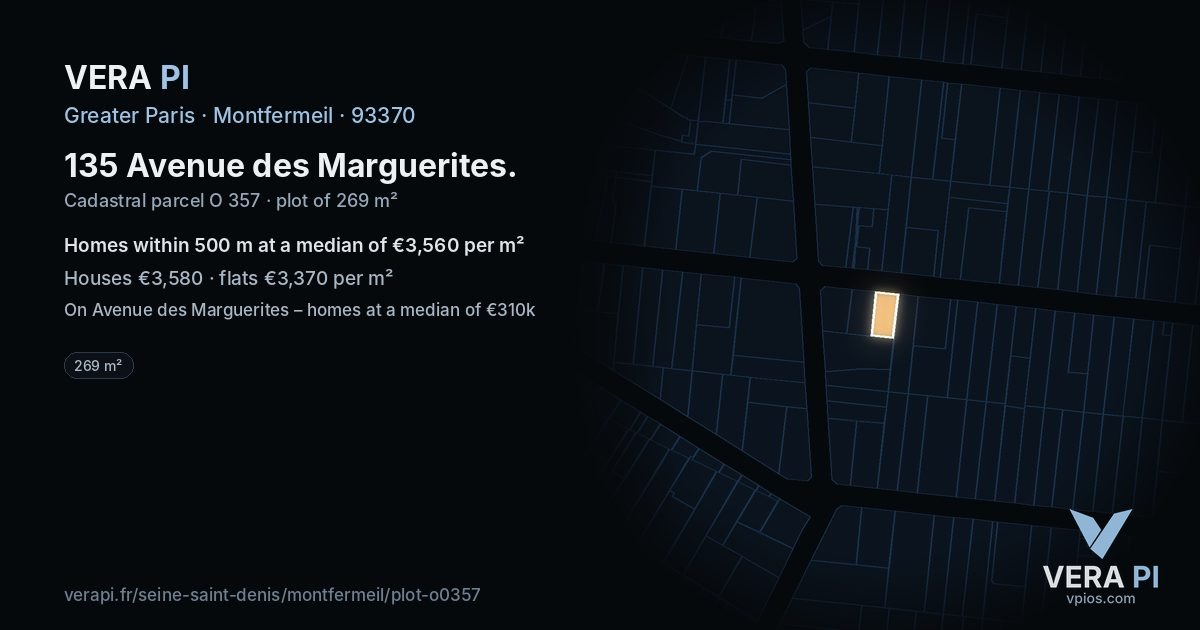 135 Avenue des Marguerites, Montfermeil at night – the plot lit, the parcels around coloured by the prices near them
