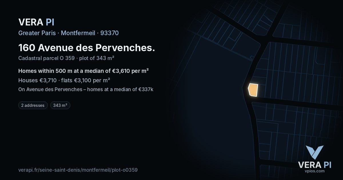 160 Avenue des Pervenches, Montfermeil at night – the plot lit, the parcels around coloured by the prices near them