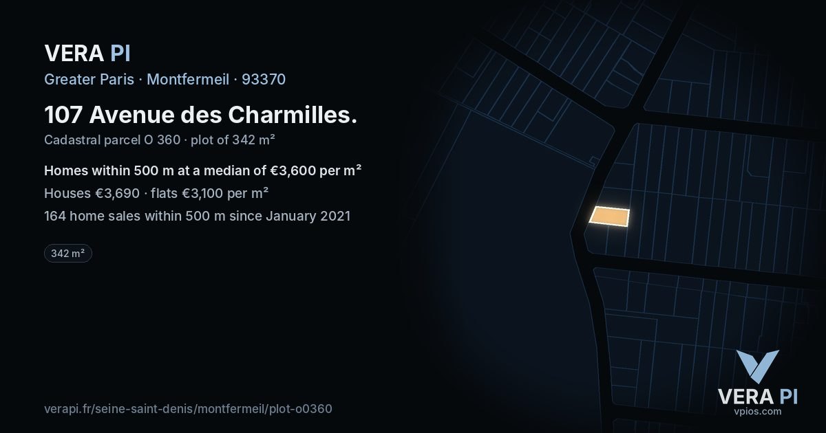 107 Avenue des Charmilles, Montfermeil at night – the plot lit, the parcels around coloured by the prices near them