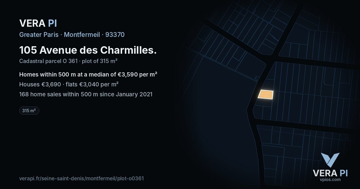 105 Avenue des Charmilles, Montfermeil at night – the plot lit, the parcels around coloured by the prices near them