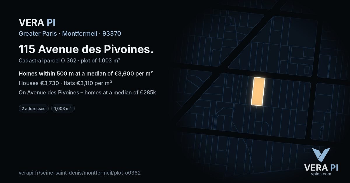 115 Avenue des Pivoines, Montfermeil at night – the plot lit, the parcels around coloured by the prices near them