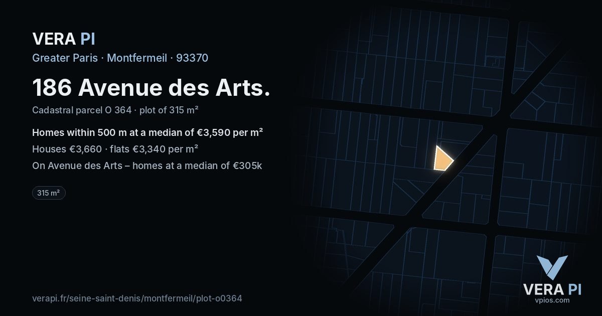 186 Avenue des Arts, Montfermeil at night – the plot lit, the parcels around coloured by the prices near them
