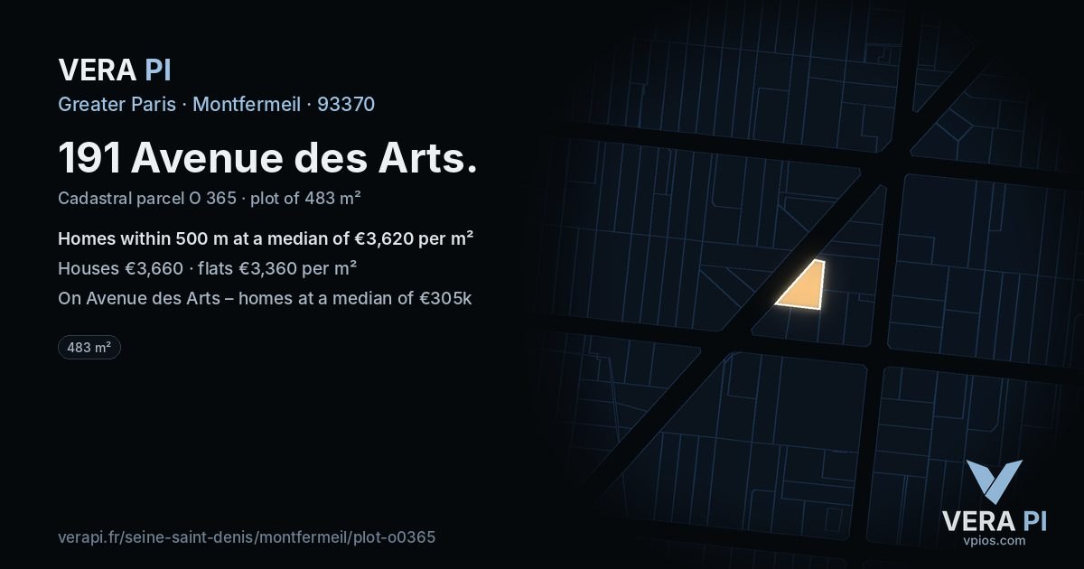 191 Avenue des Arts, Montfermeil at night – the plot lit, the parcels around coloured by the prices near them
