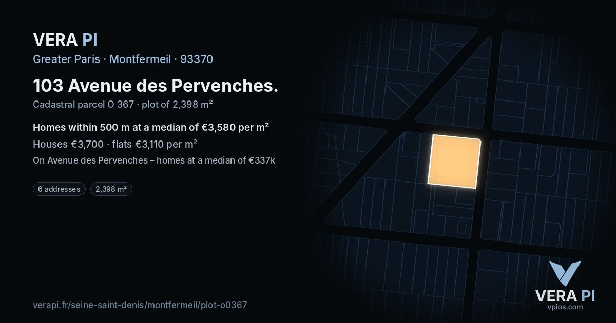 103 Avenue des Pervenches, Montfermeil at night – the plot lit, the parcels around coloured by the prices near them
