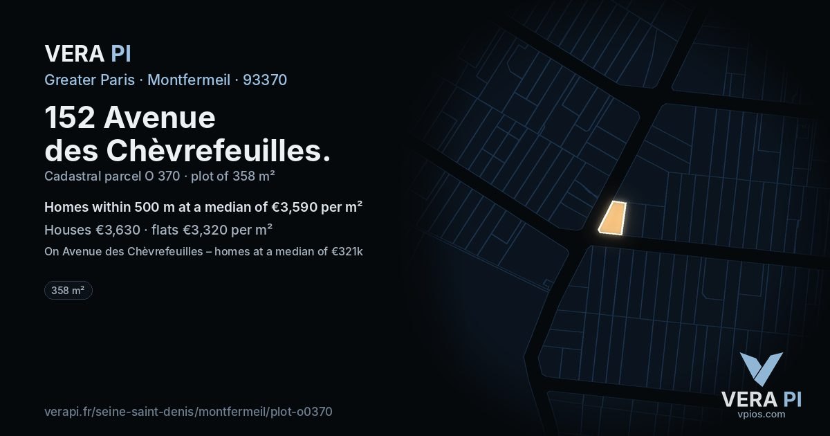 152 Avenue des Chèvrefeuilles, Montfermeil at night – the plot lit, the parcels around coloured by the prices near them