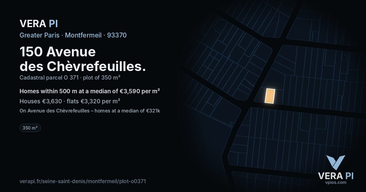 150 Avenue des Chèvrefeuilles, Montfermeil at night – the plot lit, the parcels around coloured by the prices near them