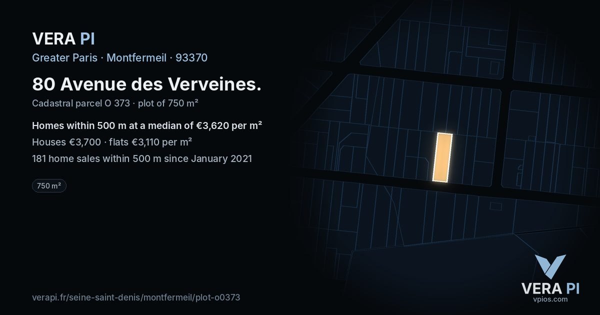 80 Avenue des Verveines, Montfermeil at night – the plot lit, the parcels around coloured by the prices near them
